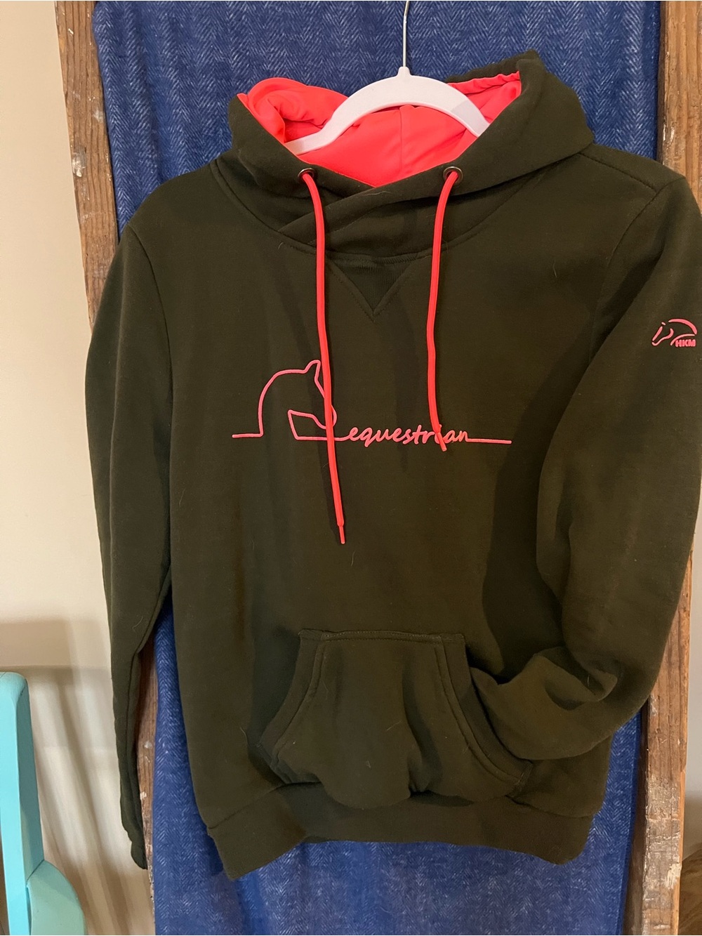 HKM Equestrian Logo Hoodie - Olive Green with Pink Lining XS